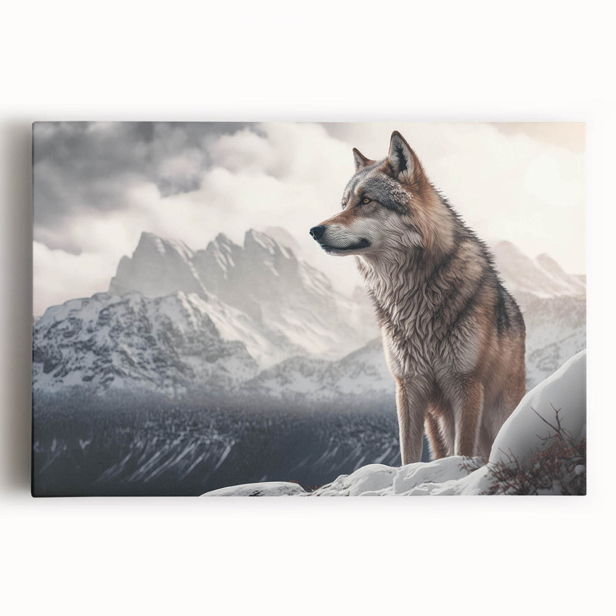 Stretched canvas wall art showcasing a striking wolf design in a natural wilderness setting, featuring rich colors and intricate details, perfect for animal lovers.
