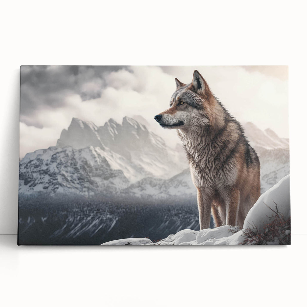 Stretched canvas wall art showcasing a striking wolf design in a natural setting, featuring vibrant colors and intricate details, ideal for wildlife enthusiasts.