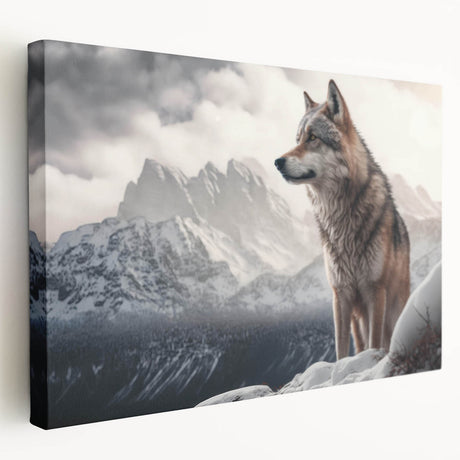 Stretched canvas wall art featuring a striking wolf design, showcasing the animal in a natural setting with detailed fur texture, perfect for wildlife enthusiasts.