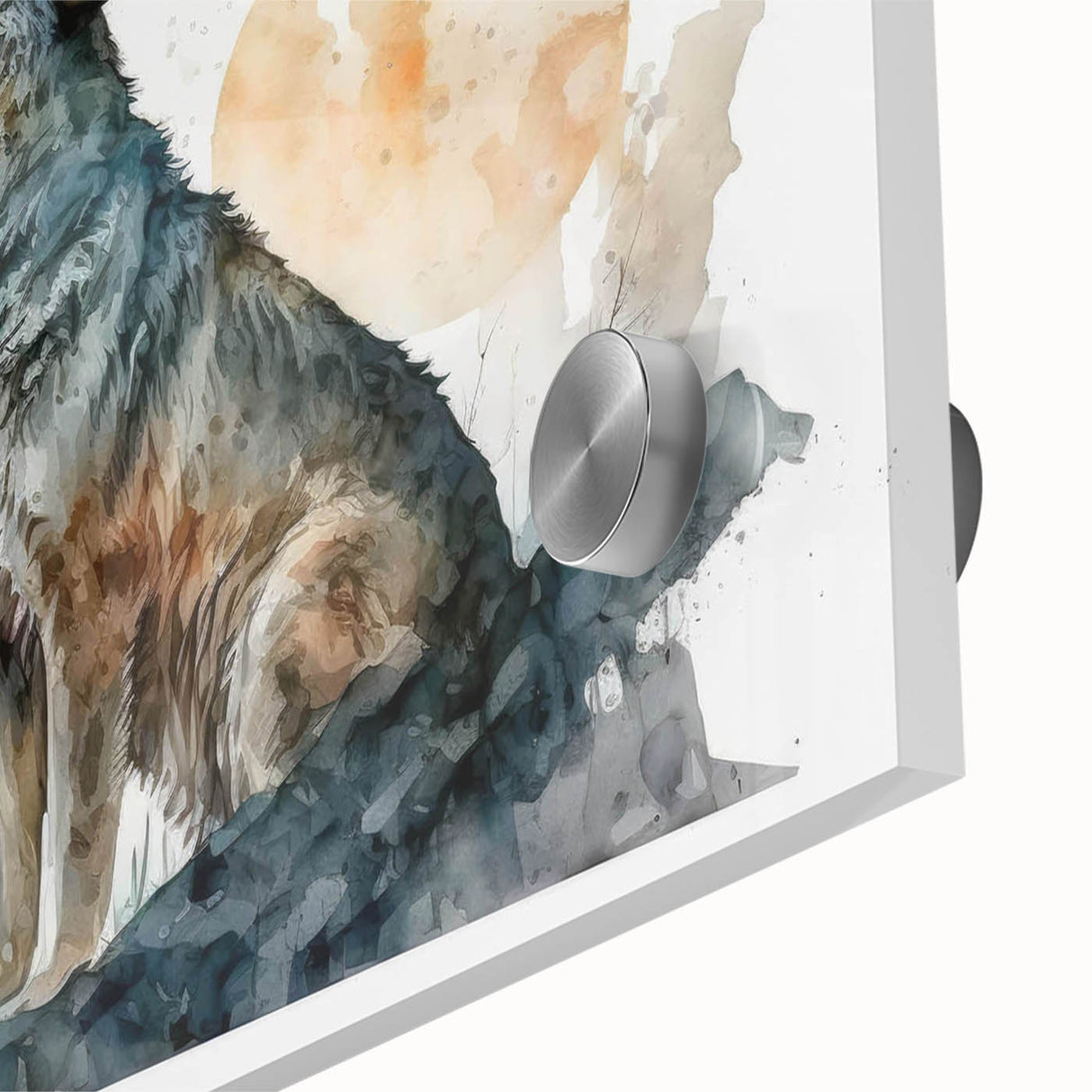 Close-up of a striking wolf wall art design in a contemporary acrylic glass frame, showcasing intricate details and vibrant colors, perfect for wildlife enthusiasts.