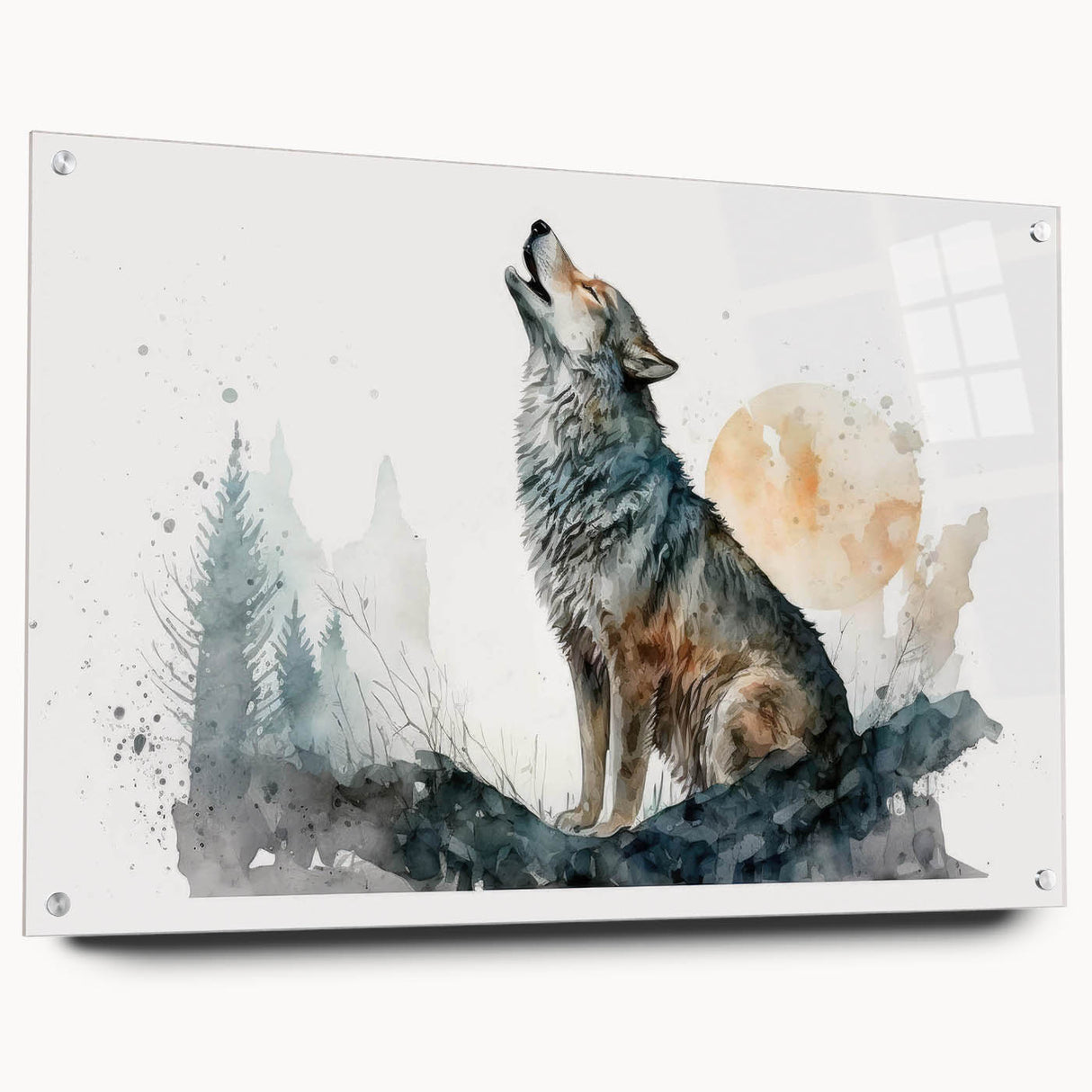 Acrylic glass wall art featuring a striking wolf design within a wildlife collection, showcasing vibrant colors and intricate details, mounted with pins for display.