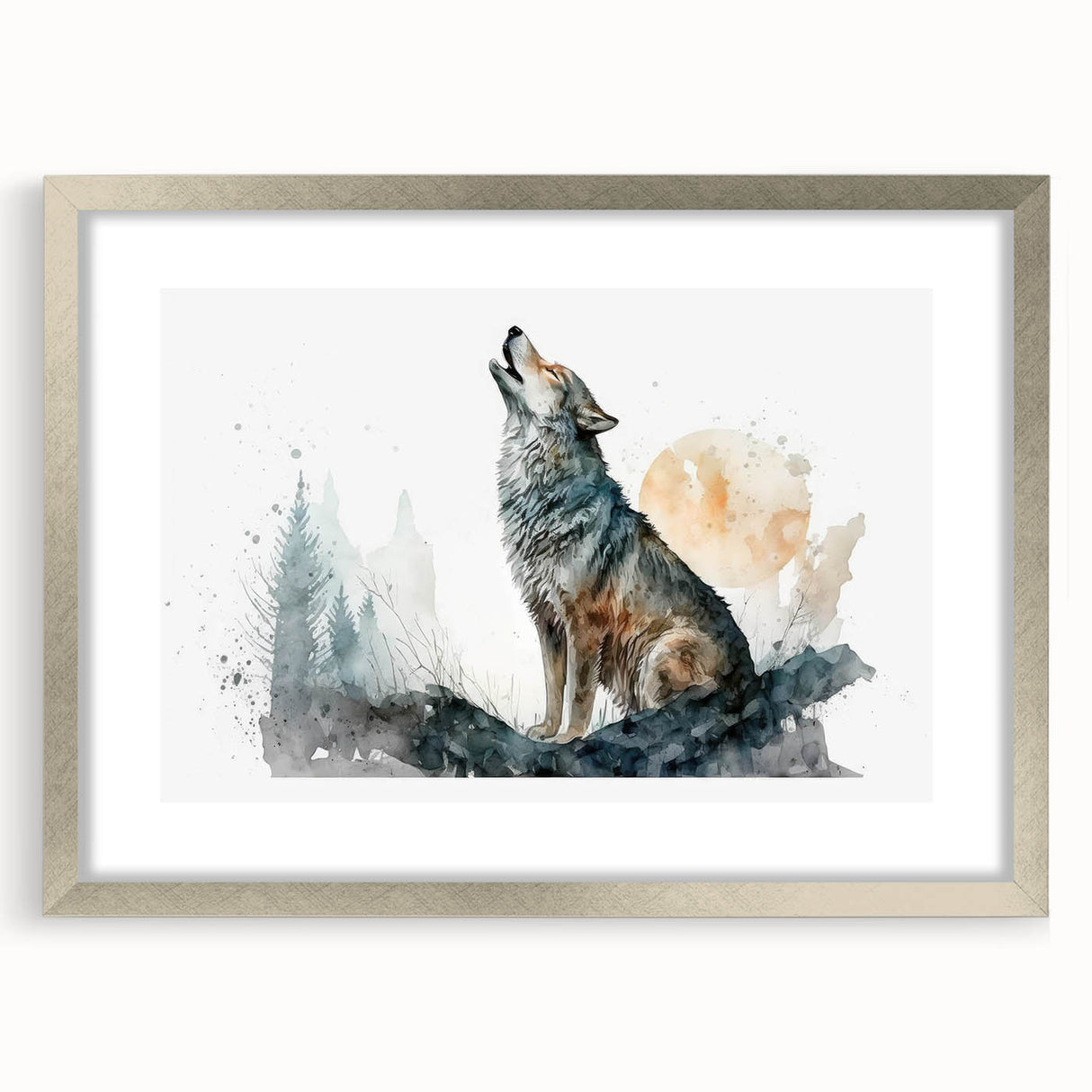 Framed wall art featuring a striking wolf design, showcasing intricate details and a silver mat, ideal for enhancing wildlife-themed home decor.