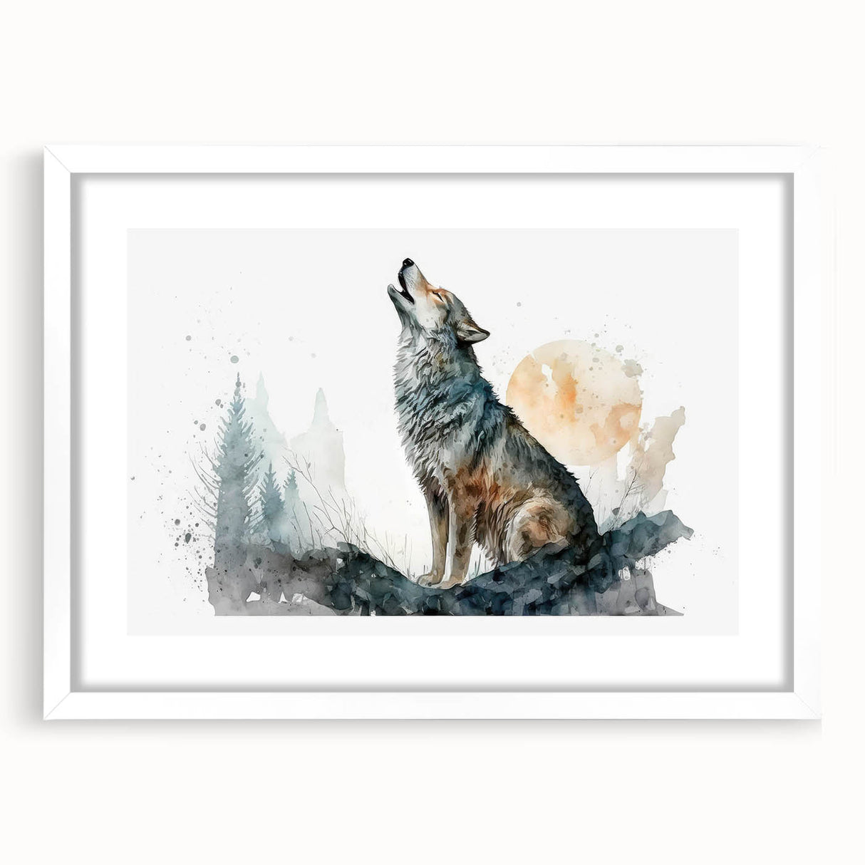 Framed wall art featuring a striking wolf design in a white mat, showcasing detailed textures and colors, perfect for wildlife enthusiasts and home decor.