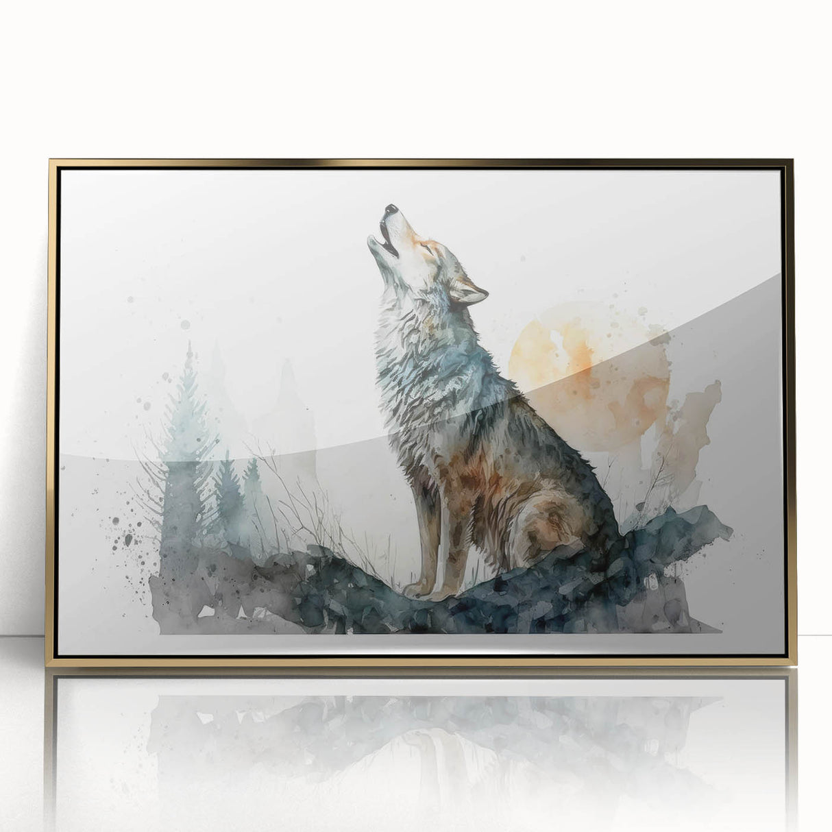 Framed wall art featuring a majestic wolf design with intricate detailing and a gold-accented frame, perfect for enhancing wildlife-themed decor.