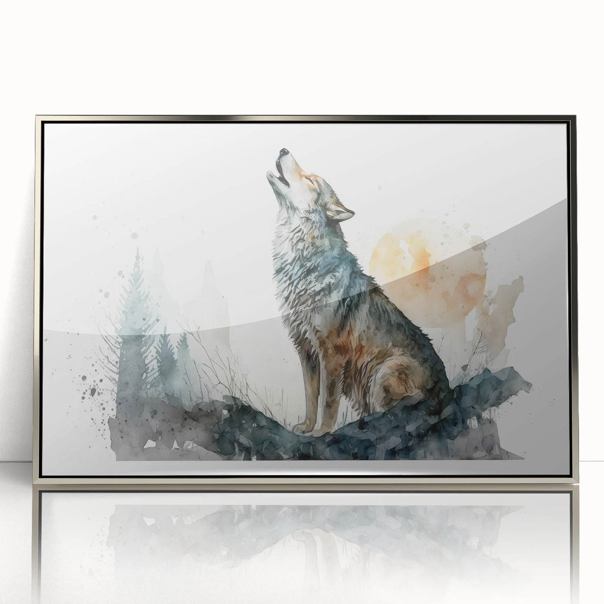 Framed acrylic wall art showcasing a striking wolf design in a silver frame, perfect for nature enthusiasts and modern interiors, adding a wildlife touch to any space.