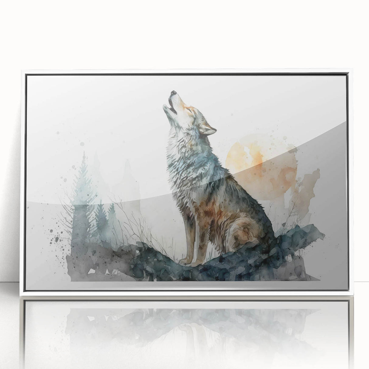 Framed acrylic wall art featuring a striking wolf design in a contemporary style, showcased against a white background, perfect for wildlife enthusiasts.
