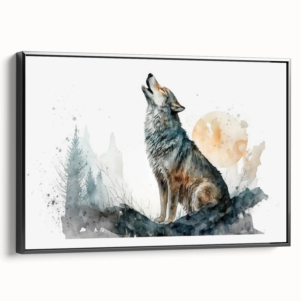 Framed canvas wall art showcasing a striking wolf design with a black border, highlighting intricate details and textures, perfect for animal lovers and home decor.