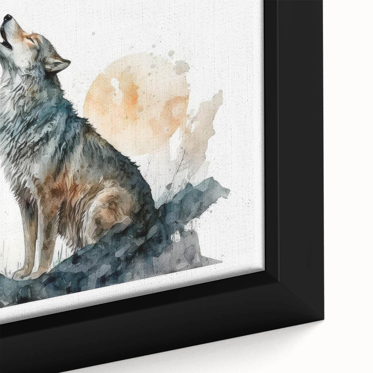 Close-up of a framed canvas wall art featuring a stunning wolf design in a vibrant natural setting, highlighting intricate details and textures, perfect for wildlife enthusiasts.