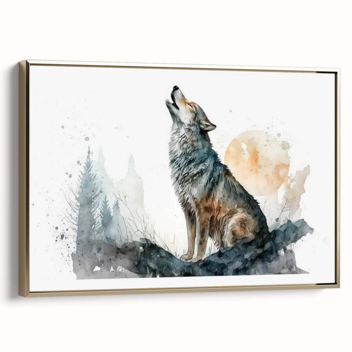 Framed wall art featuring a striking wolf design in a wild landscape, showcasing intricate details and a gold frame, perfect for nature lovers and home decor enthusiasts.