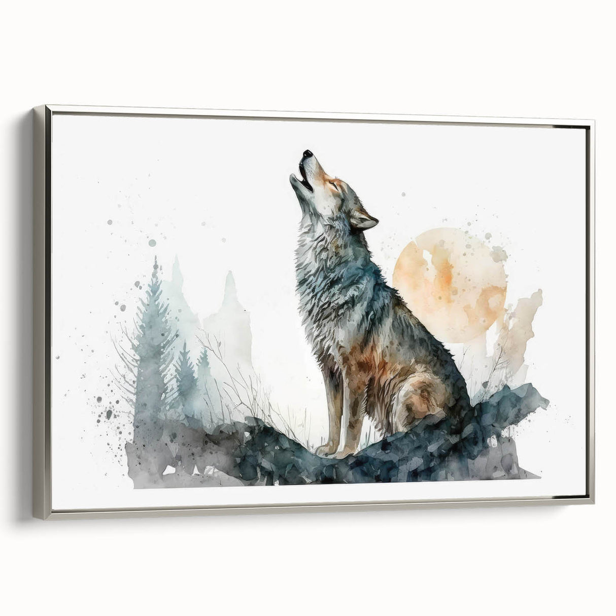 Framed wall art featuring a striking silver side view of a wolf design, showcasing intricate details and vibrant colors, perfect for animal lovers and modern decor.