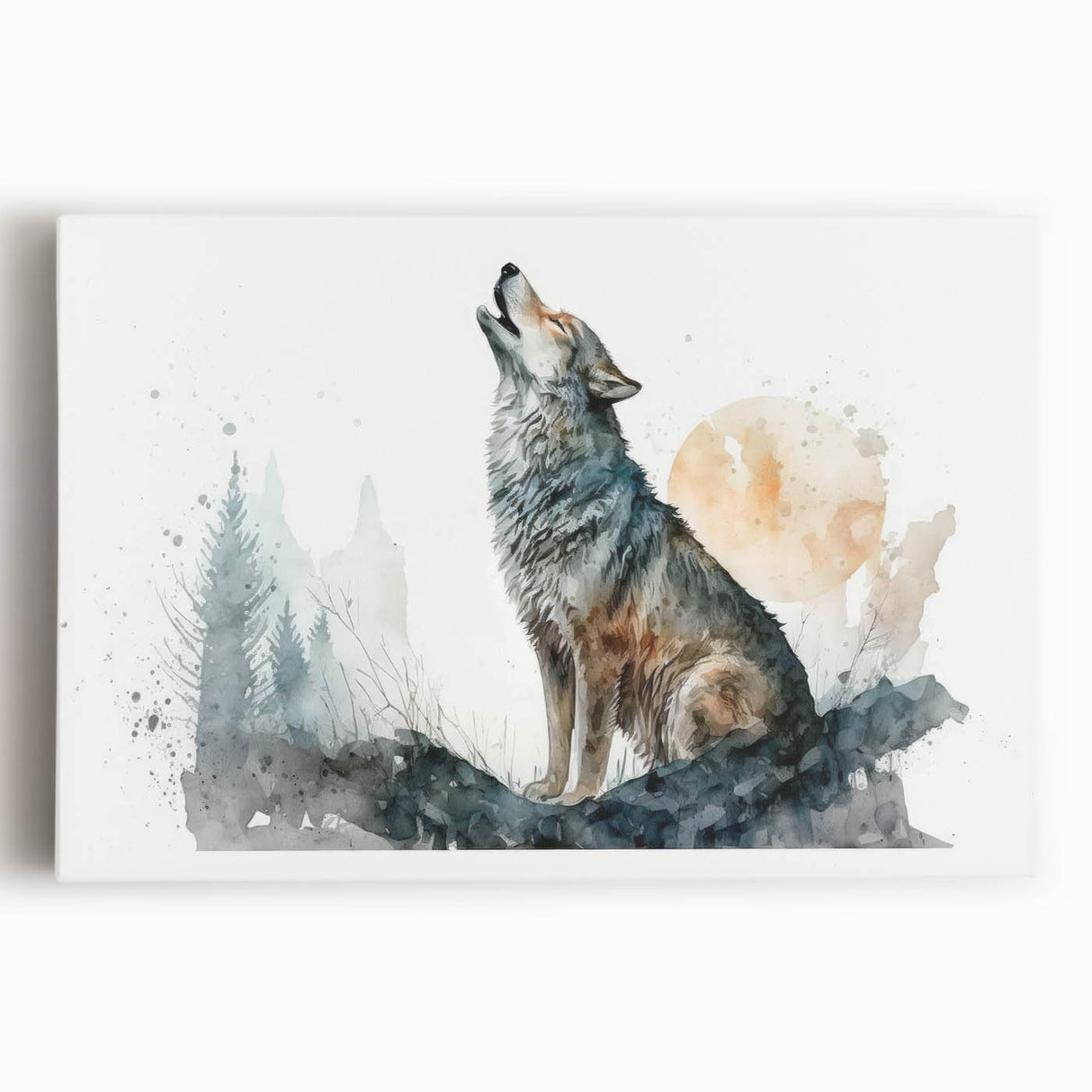 Stretched canvas wall art showcasing a striking wolf design in a natural setting, featuring intricate details and vibrant colors, perfect for animal lovers and home decor enthusiasts.