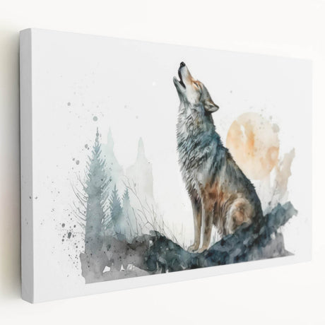 Stretched canvas wall art featuring a striking wolf design in a wild landscape, showcasing natural colors and intricate details, ideal for animal lovers' home decor.