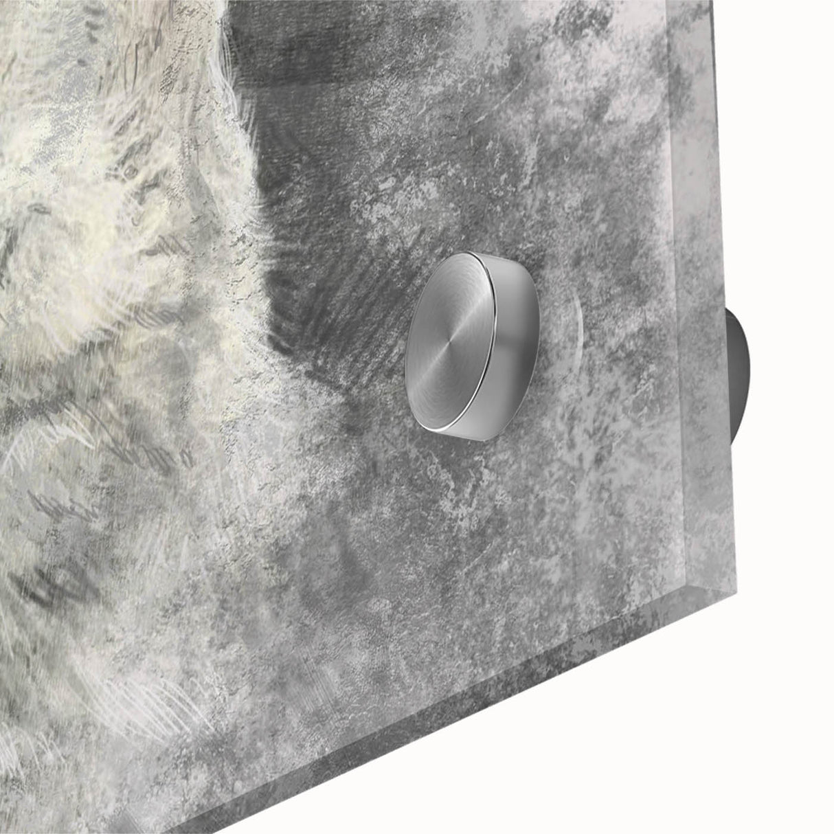 Close-up of a stunning acrylic glass wall art piece featuring a detailed wolf design, showcasing its fur textures and striking colors, perfect for animal lovers’ decor.
