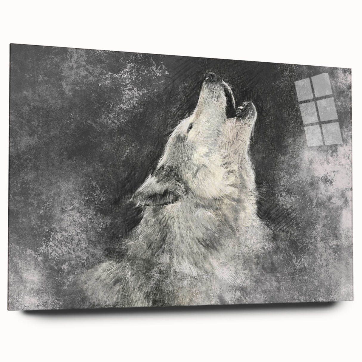 Side view of a sleek acrylic glass wall art piece featuring a striking wolf design from the 'A Wild Life' collection, showcasing vibrant colors and fine details, perfect for animal lovers and modern decor.