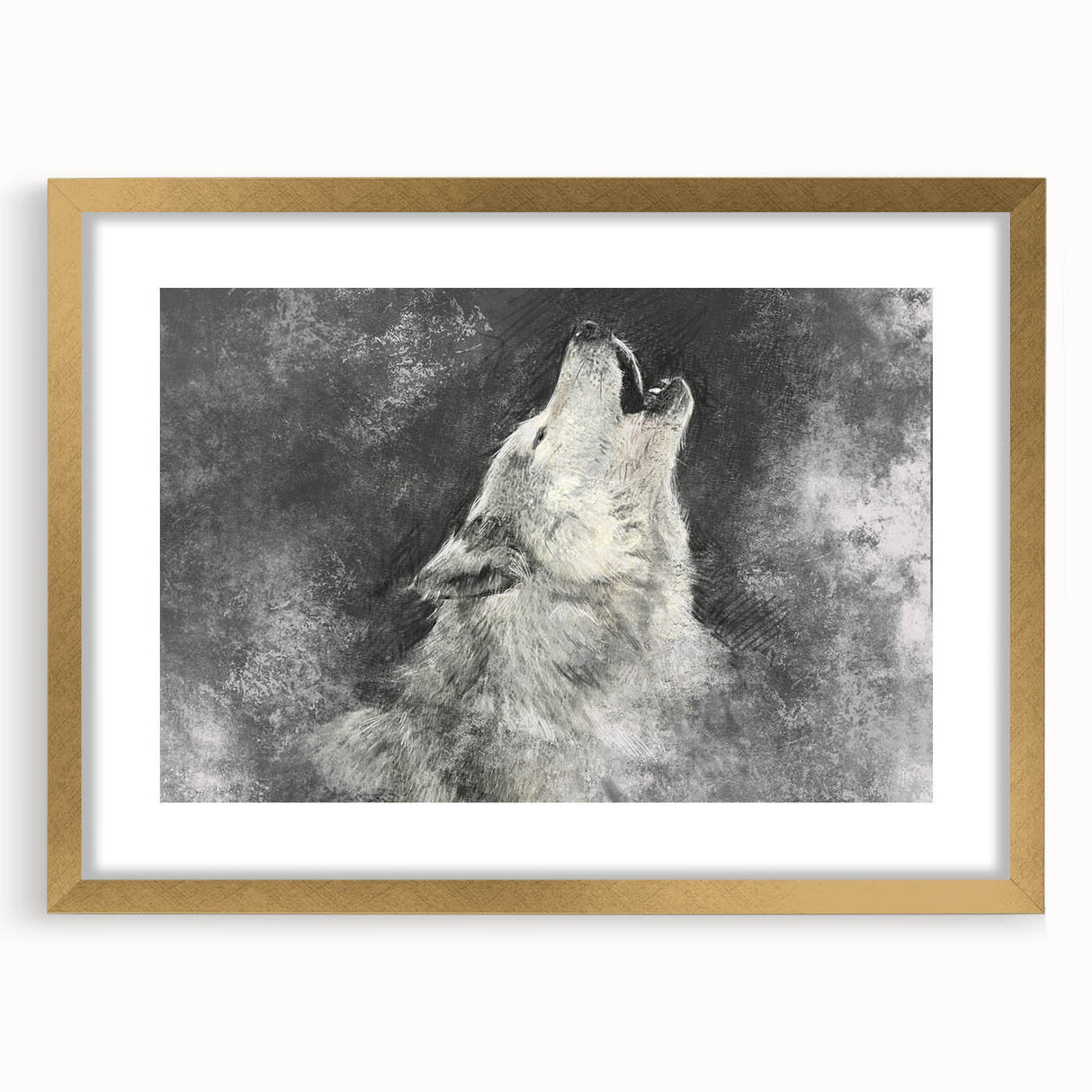 Framed wall art featuring a majestic wolf design with a gold mat, showcasing intricate details and a modern aesthetic, perfect for nature enthusiasts and home decor.