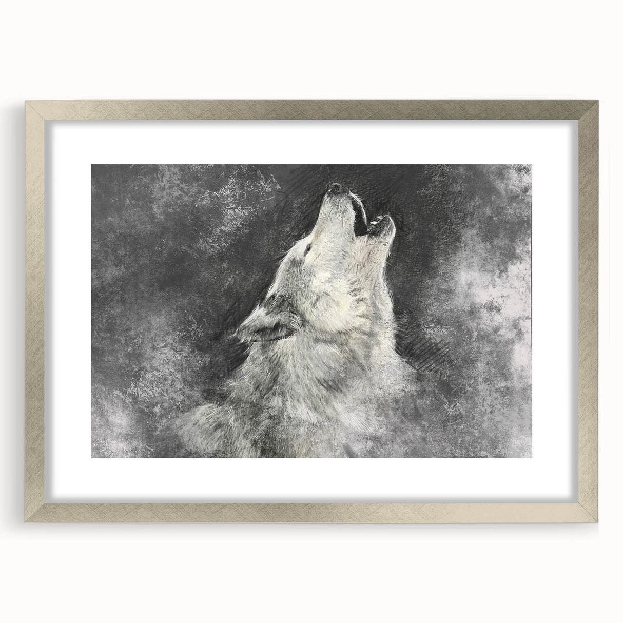 Framed wall art collection featuring a striking wolf design in silver, set against a minimalist background, perfect for nature-themed decor and wildlife enthusiasts.