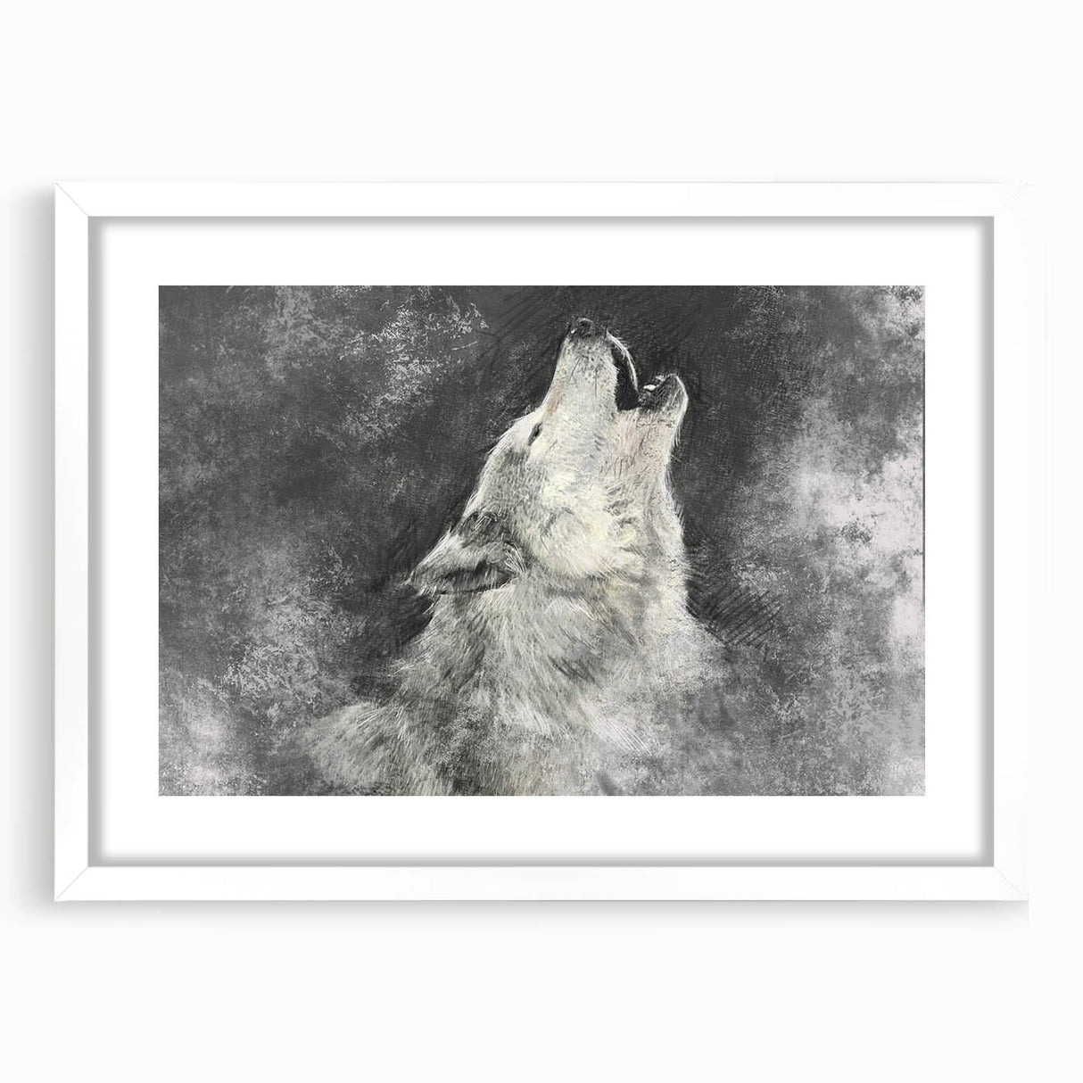 Framed wall art collection featuring a striking wolf design, showcasing a realistic depiction of a wolf in a natural setting with a white mat and sleek frame, ideal for wildlife enthusiasts and home decor.