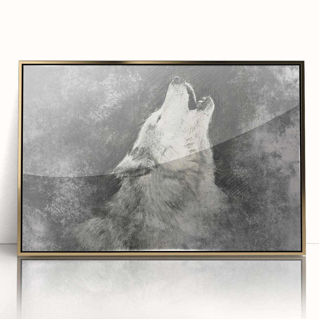 Framed wall art featuring a striking wolf design in a gold acrylic frame, showcasing intricate details and vibrant colors, perfect for wildlife enthusiasts and home decor.
