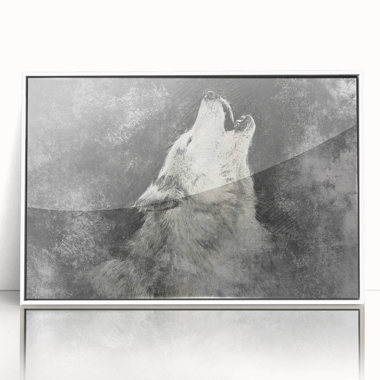 Framed acrylic wall art featuring a striking wolf design from the "Animals of the Wild" collection, showcased in a sleek white frame, ideal for nature enthusiasts.