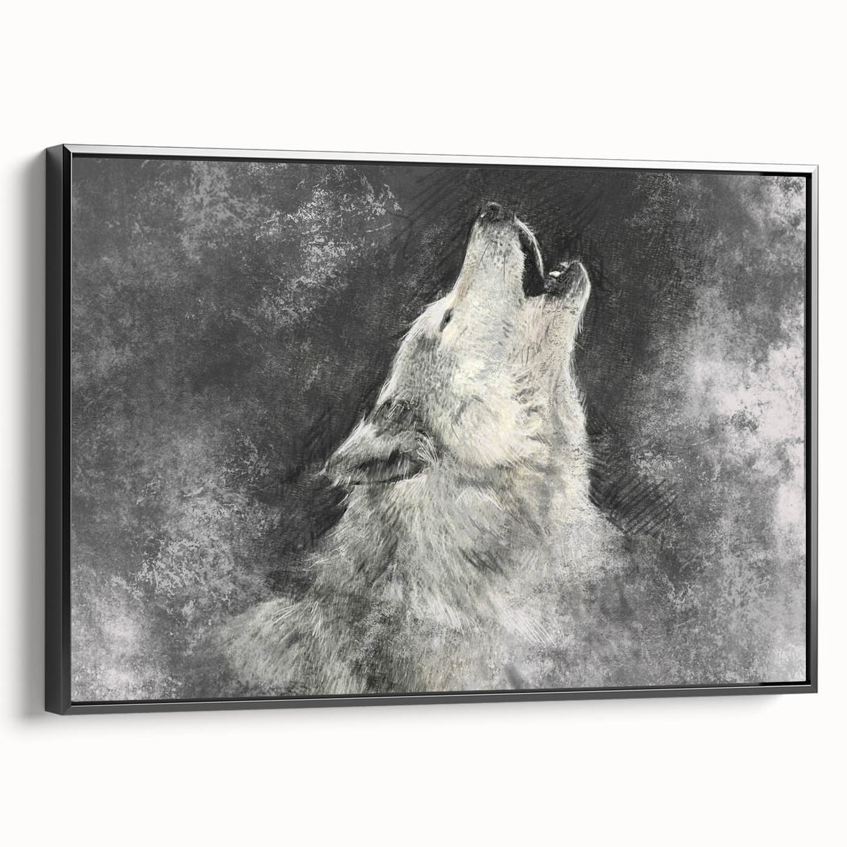 Framed wall art showcasing a striking wolf design on canvas, presented in a sleek black frame, ideal for animal lovers and nature-themed decor.