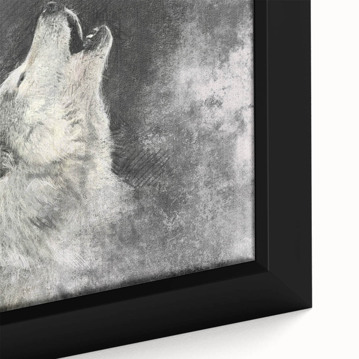 Close-up of a framed canvas art piece showcasing a striking wolf design, featuring intricate details and vibrant colors, perfect for wildlife enthusiasts and home decor.