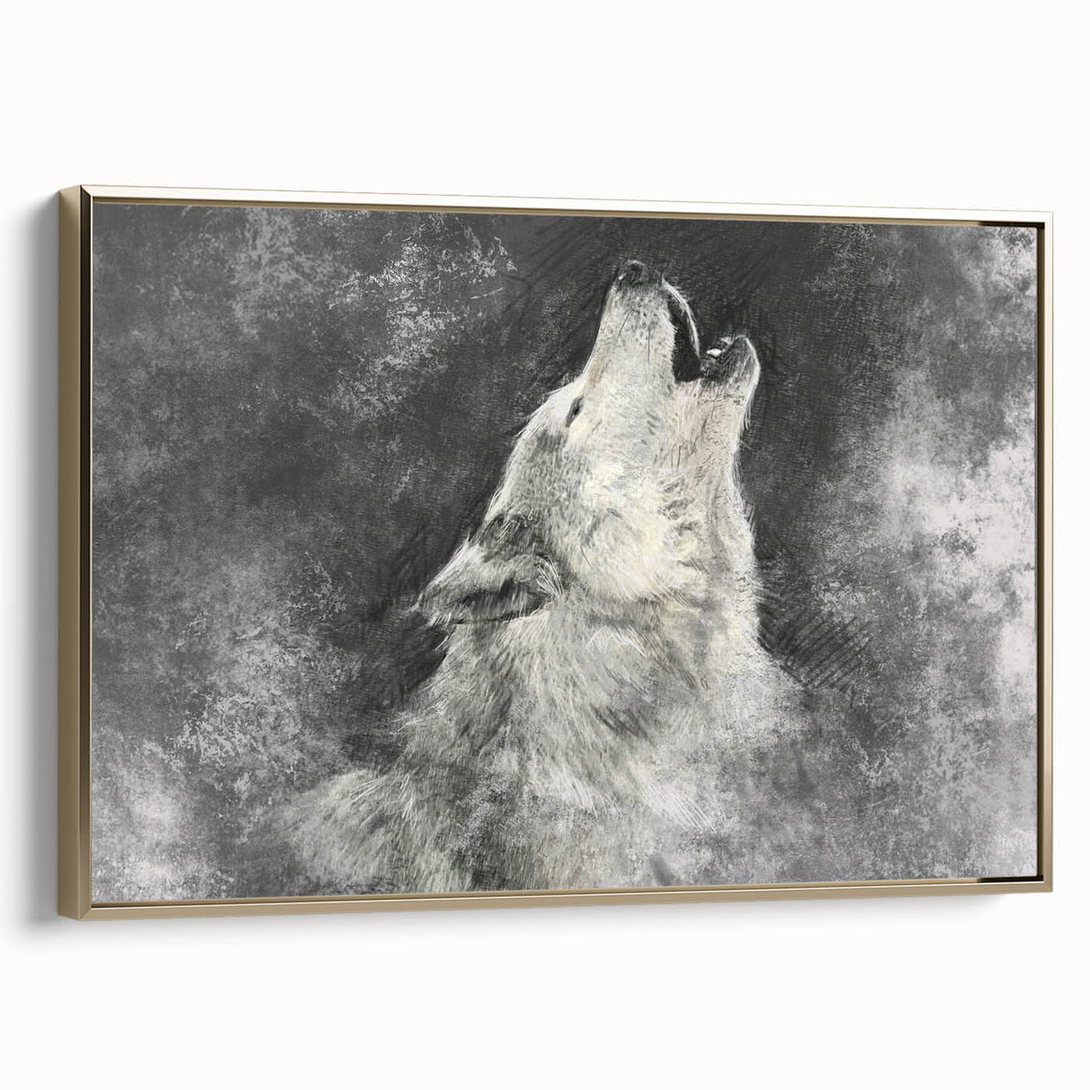 Framed wall art featuring a striking gold-accented wolf design on canvas, showcasing intricate details and textures, perfect for wildlife enthusiasts and modern decor.