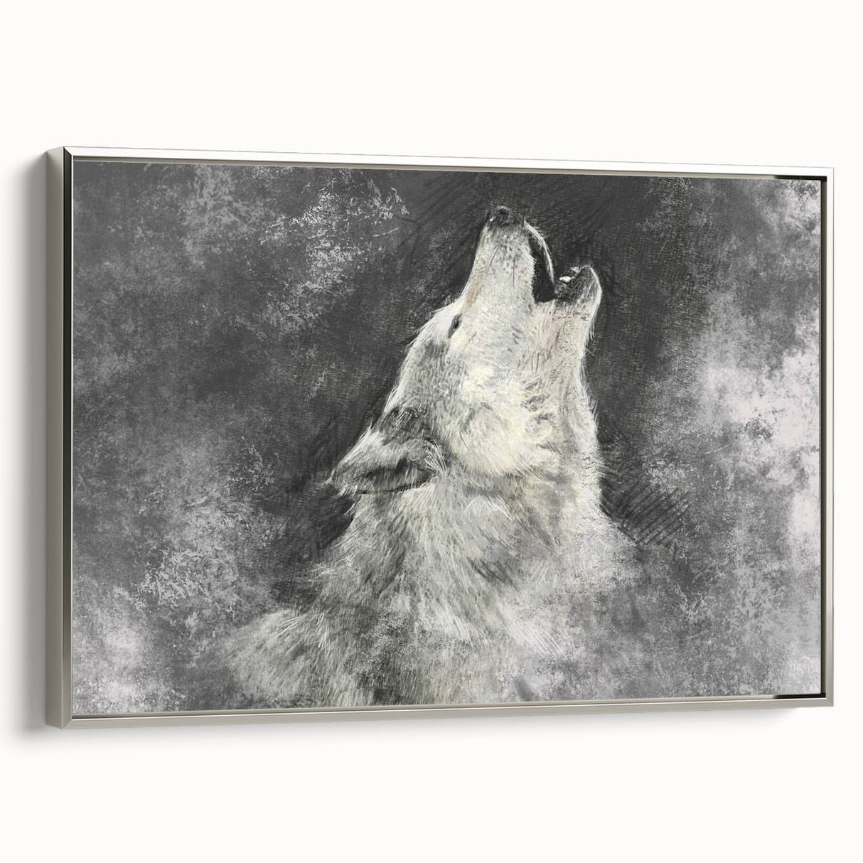 Framed canvas wall art showcasing a striking wolf design in silver tones, perfect for wildlife enthusiasts, enhancing home decor with nature's beauty.