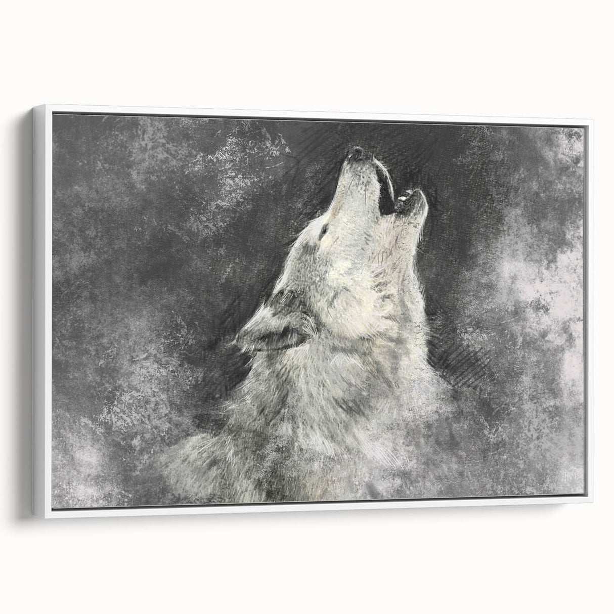 Framed wall art featuring a striking wolf design on a textured canvas, presented in a modern white frame, ideal for wildlife enthusiasts and home decor.