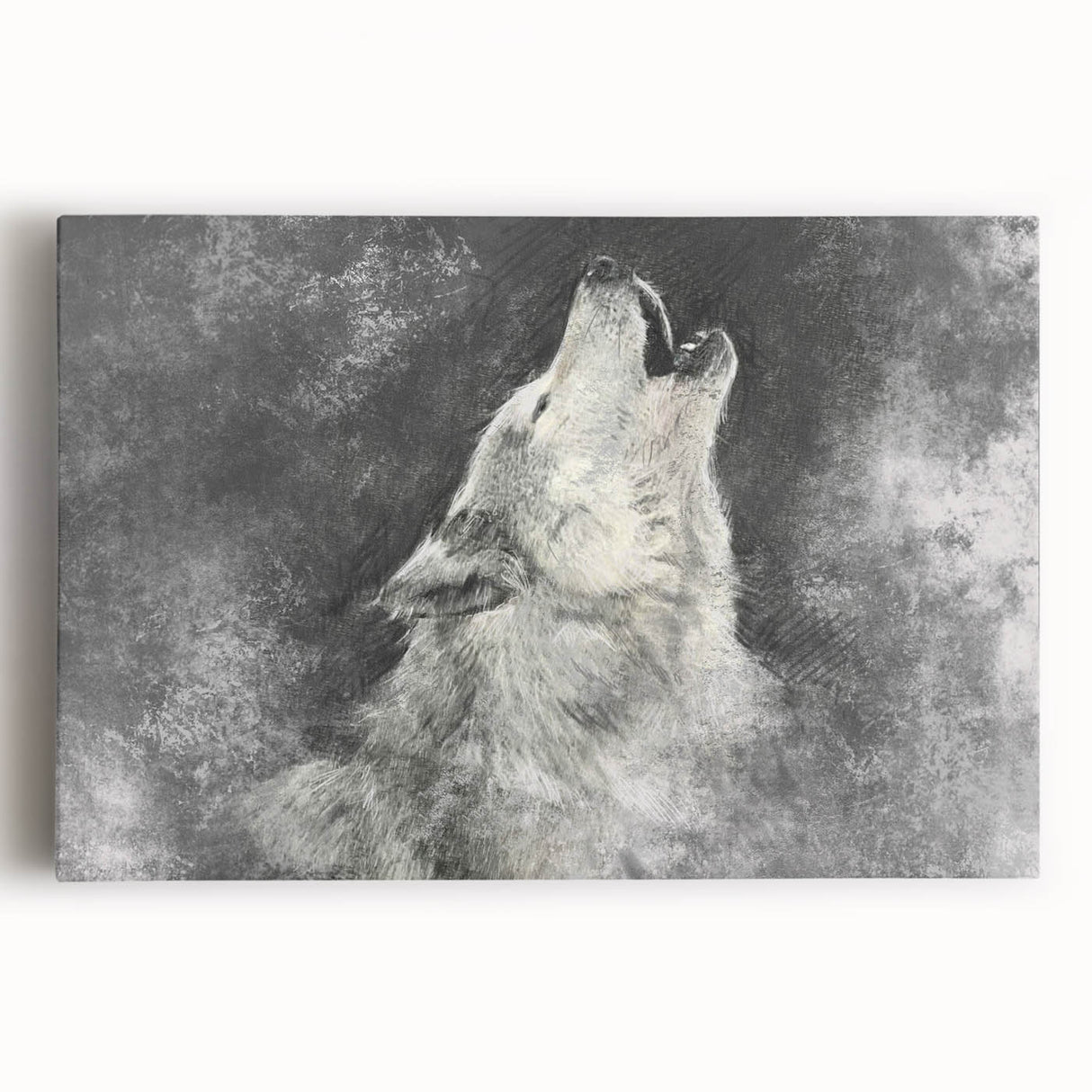 Stretched canvas wall art showcasing a striking wolf design, featuring detailed fur textures and vibrant colors, perfect for nature lovers and home decor enthusiasts.