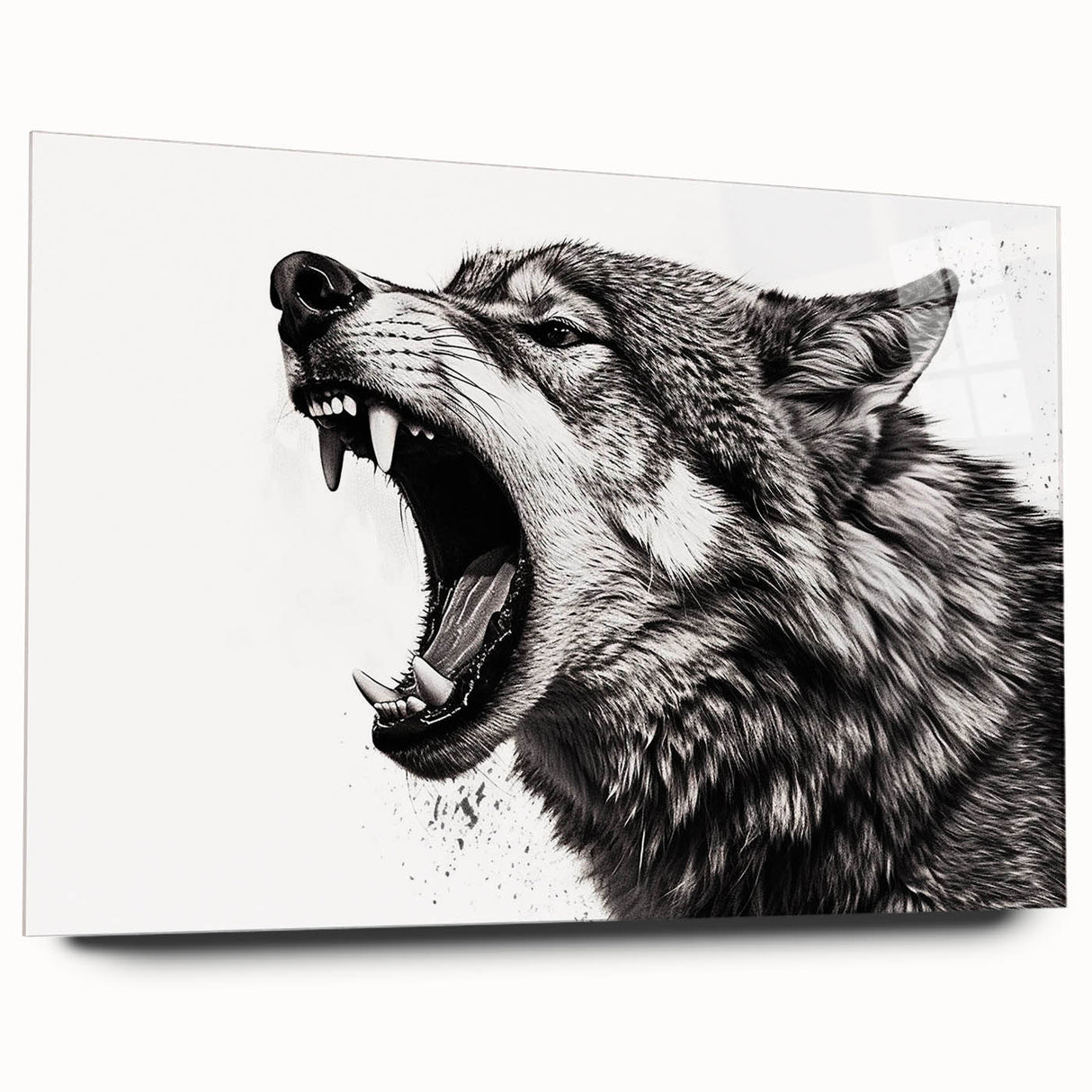 Side view of an acrylic glass wall art piece featuring a striking wolf design, showcasing vibrant colors and intricate details, perfect for animal lovers and modern decor.