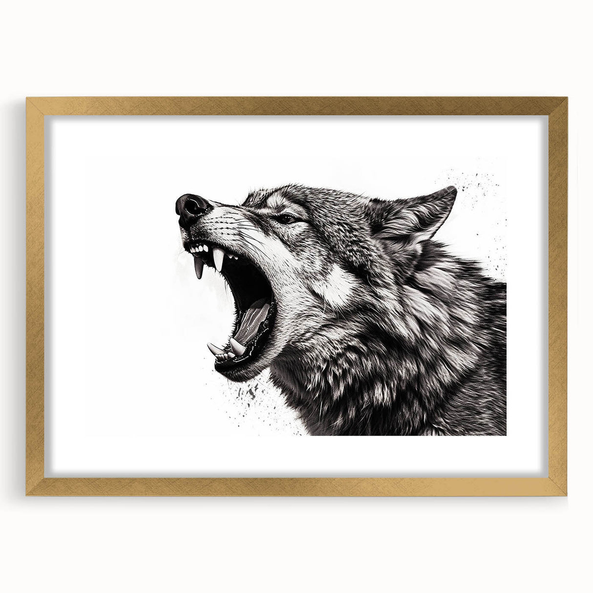 Gold-framed wall art collection showcasing a striking wolf design, featuring intricate details and vibrant colors, perfect for nature enthusiasts and modern decor.