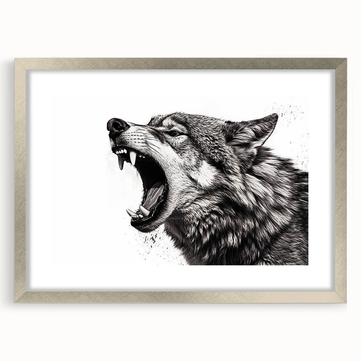 Framed wall art collection featuring a stunning wolf design in silver, showcasing detailed wildlife imagery with a matte finish, perfect for nature enthusiasts.