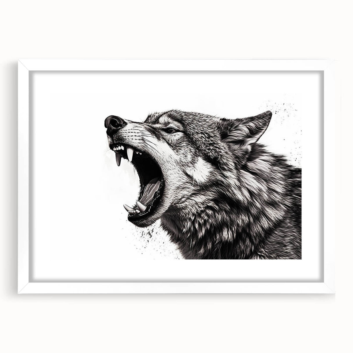 Wolf-themed wall art collection featuring an elegant design in a white frame with a mat, showcasing a striking depiction of wildlife. Ideal for nature lovers.