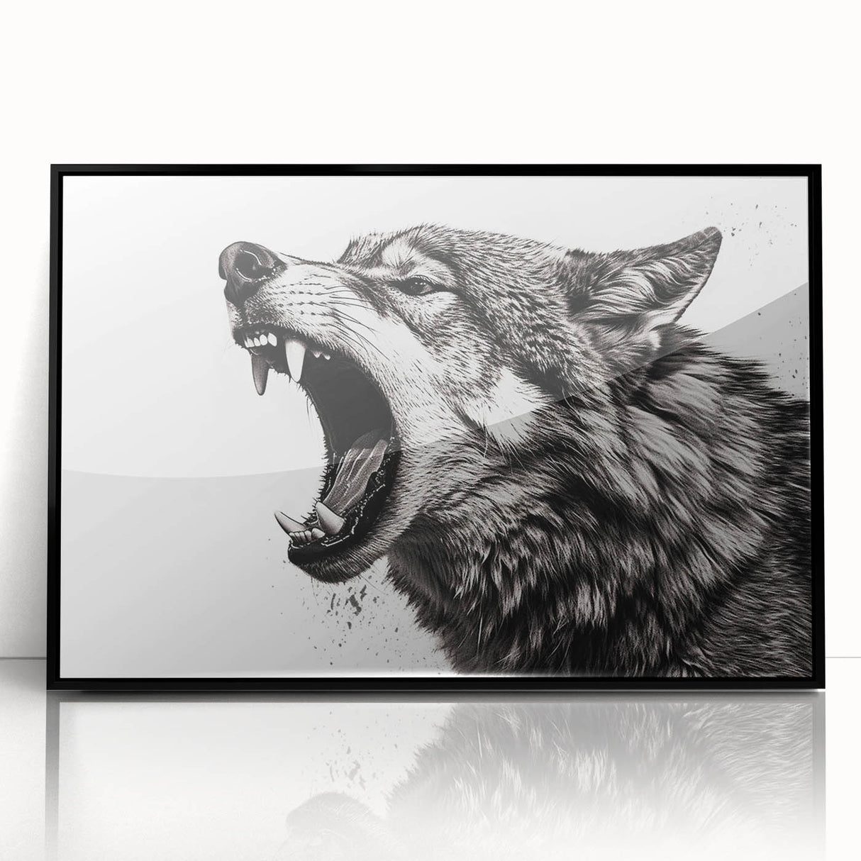 Framed acrylic wall art featuring a striking wolf design from the "Animals of the Wild" collection, set against a sleek black background, perfect for nature lovers.