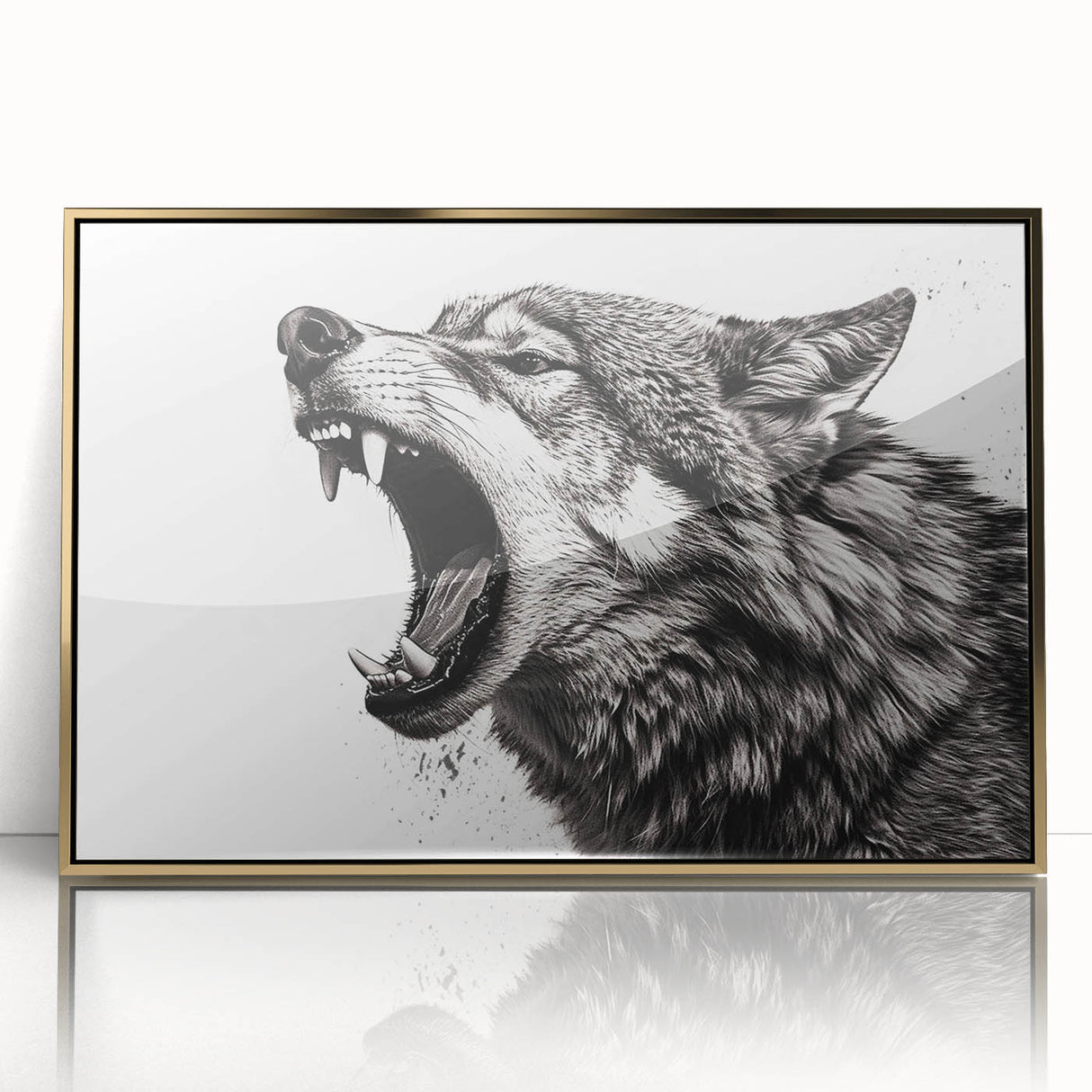 Framed wall art featuring a striking wolf design in acrylic with a gold border, showcasing intricate details and vibrant colors, perfect for wildlife enthusiasts.