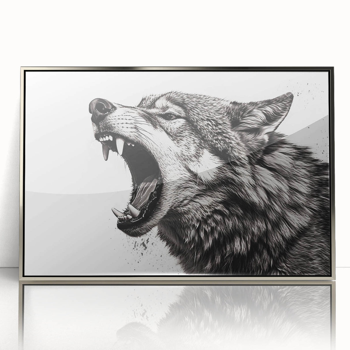 Framed acrylic wall art showcasing a striking wolf design in a silver frame, perfect for adding a touch of wildlife elegance to home decor. Ideal for animal lovers and nature enthusiasts.