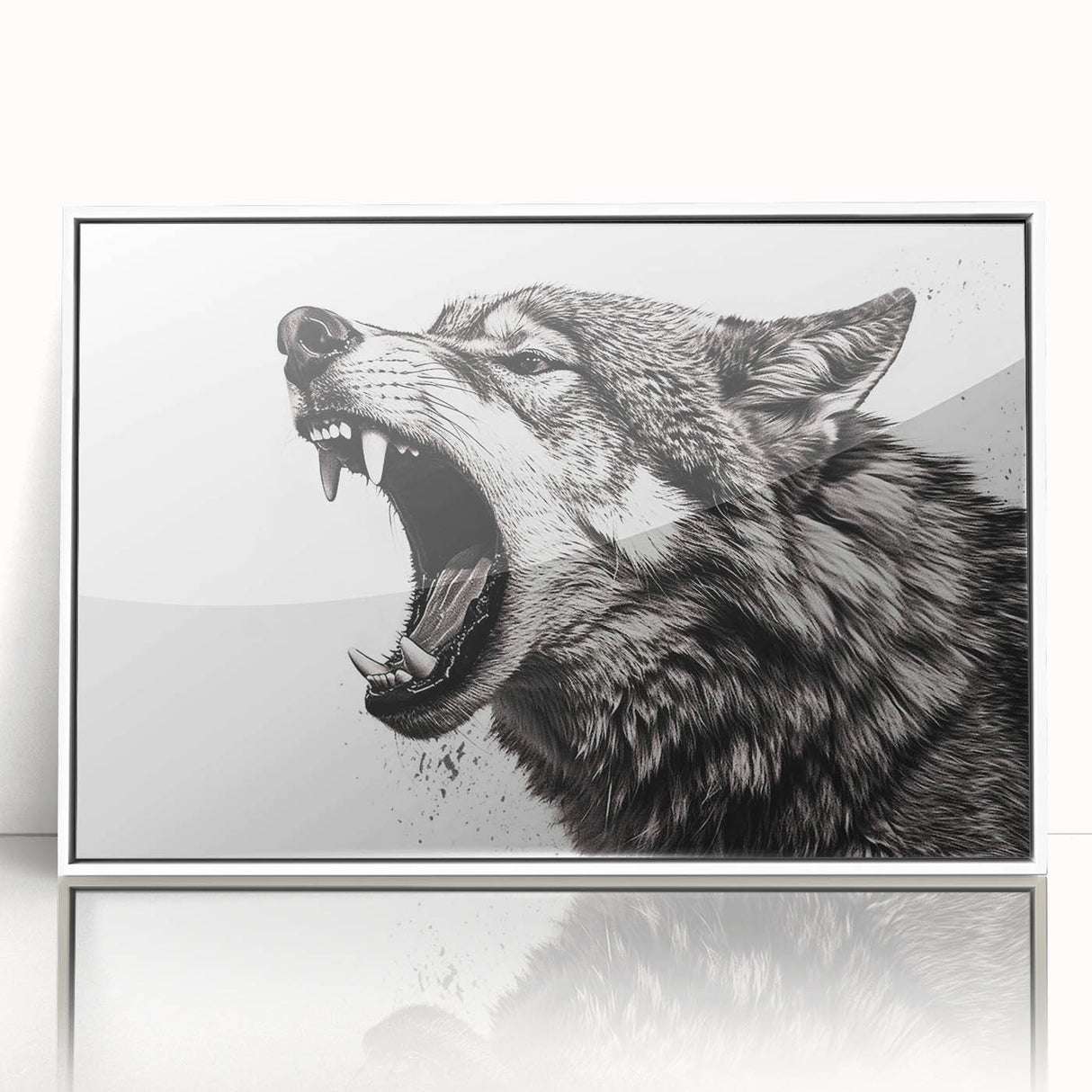 Framed wall art featuring a striking wolf design set against a white background, showcasing vivid colors and detailed textures, perfect for animal lovers and home decor enthusiasts.
