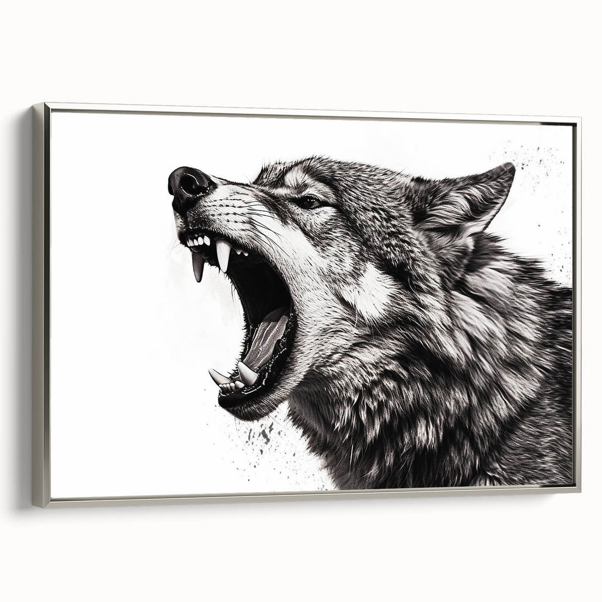 Framed wall art featuring a striking silver wolf design on canvas, showcasing intricate details and textures, perfect for animal lovers and modern decor enthusiasts.