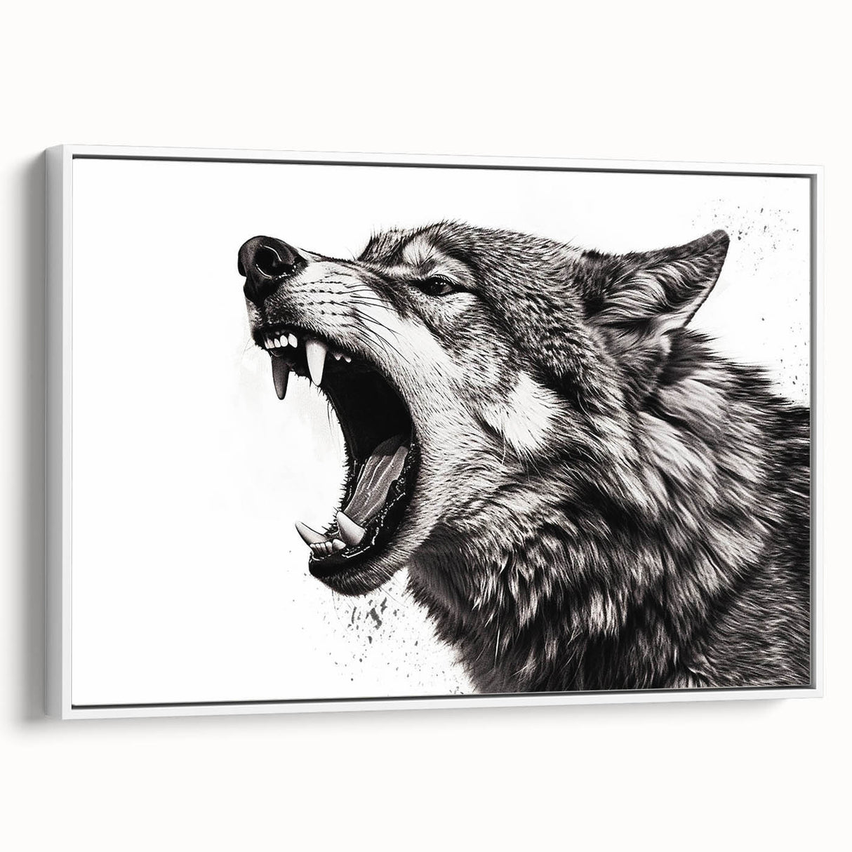 Framed canvas wall art featuring a striking wolf design in a minimalist style, showcasing the animal in a naturalistic setting with a white background, ideal for wildlife enthusiasts and home decor.