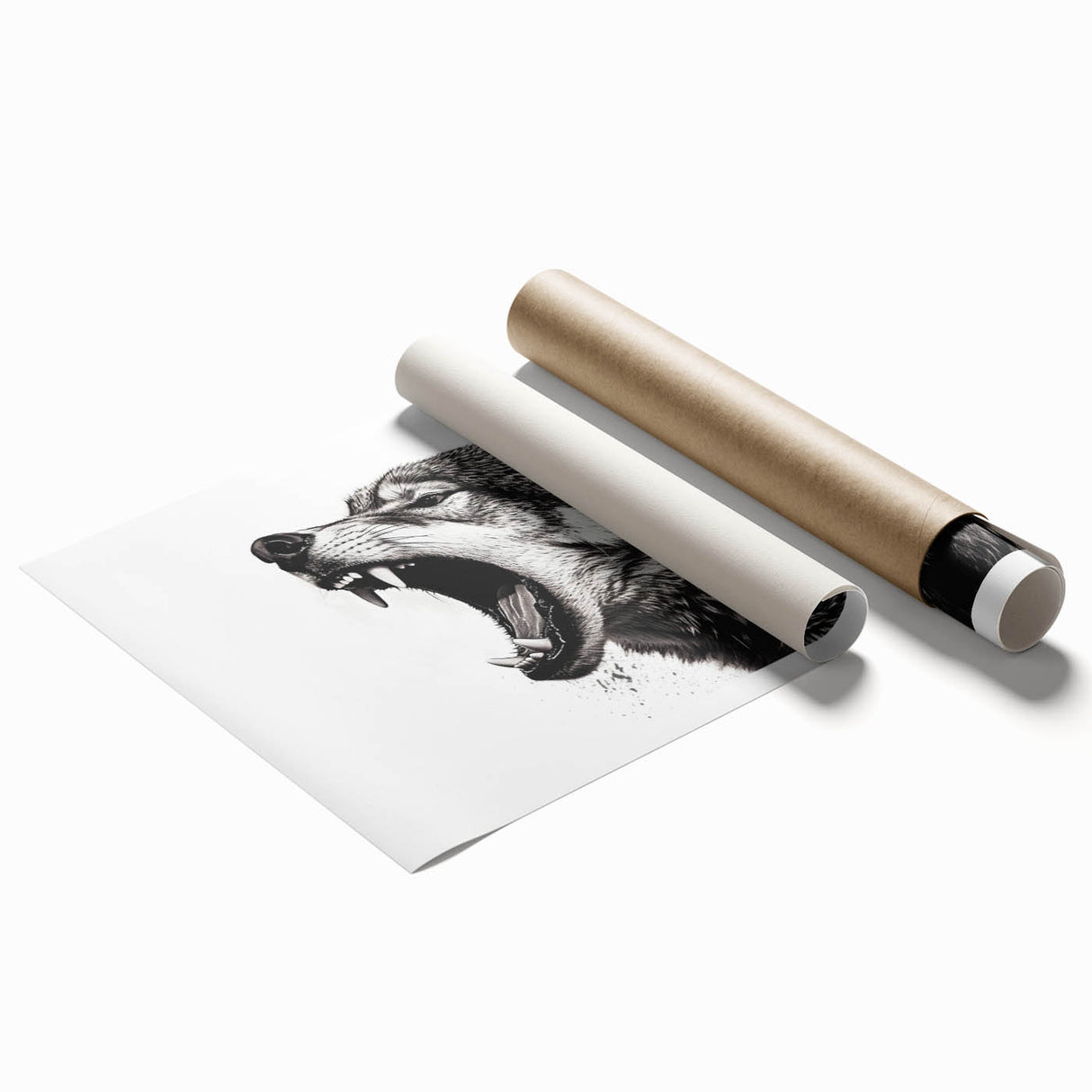 Stunning wall art print showcasing a majestic wolf design in a natural setting, ideal for wildlife enthusiasts and home decor, rolled for easy framing.