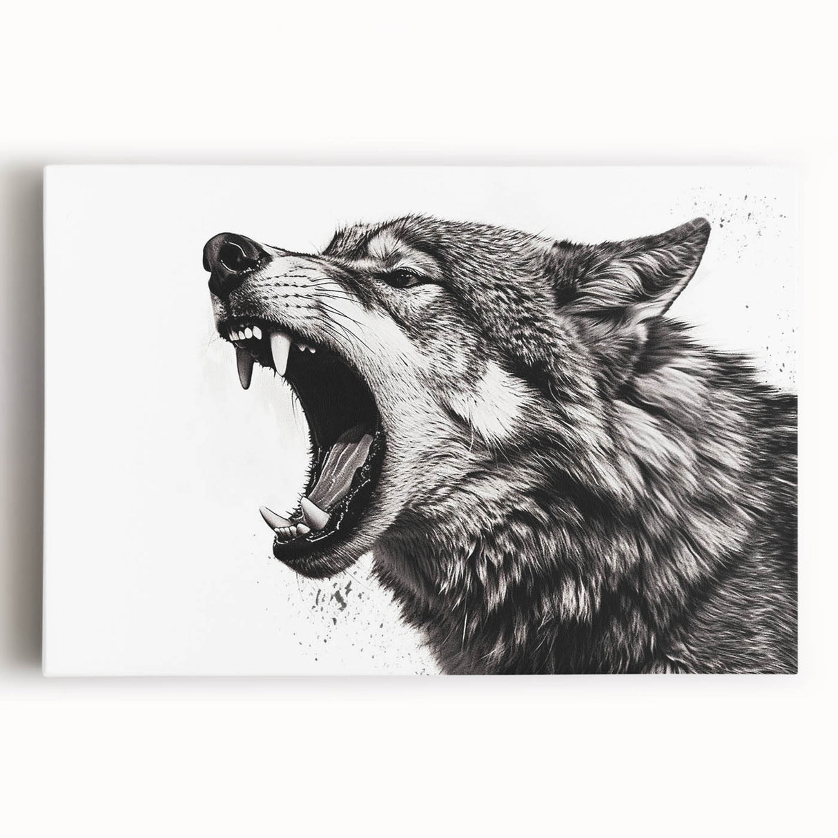 Stretched canvas wall art featuring a striking wolf design in vibrant colors, showcasing detailed fur and piercing eyes, perfect for wildlife enthusiasts and home decor.