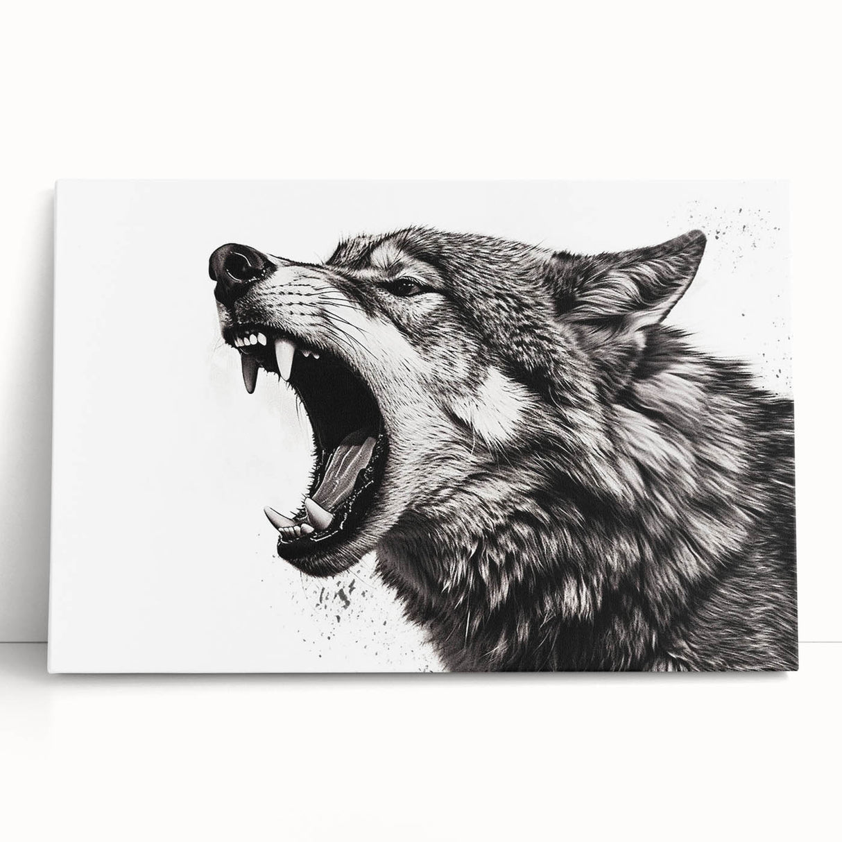 Stretched canvas wall art featuring a striking wolf design, showcasing intricate details and vibrant colors, perfect for wildlife enthusiasts and home decor.