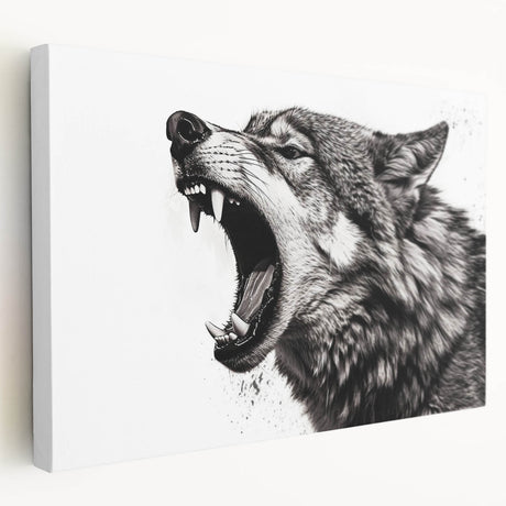 Stretched canvas wall art depicting a side view of a majestic wolf, showcasing detailed fur textures and natural colors, ideal for wildlife enthusiasts and home decor.
