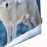 Close-up of a striking wolf design wall art piece, showcasing intricate details and vibrant colors on acrylic glass, perfect for nature enthusiasts' decor.