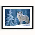 Framed wall art collection showcasing a striking wolf design in black and white, featuring a sleek black frame and mat, perfect for wildlife enthusiasts.