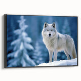 Framed canvas wall art showcasing a striking black-and-white wolf design, highlighting intricate details and textures, perfect for wildlife enthusiasts and modern decor.