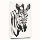 Acrylic wall art featuring a vibrant zebra design, showcasing bold black and white stripes, mounted with pins for a sleek display in modern decor settings.
