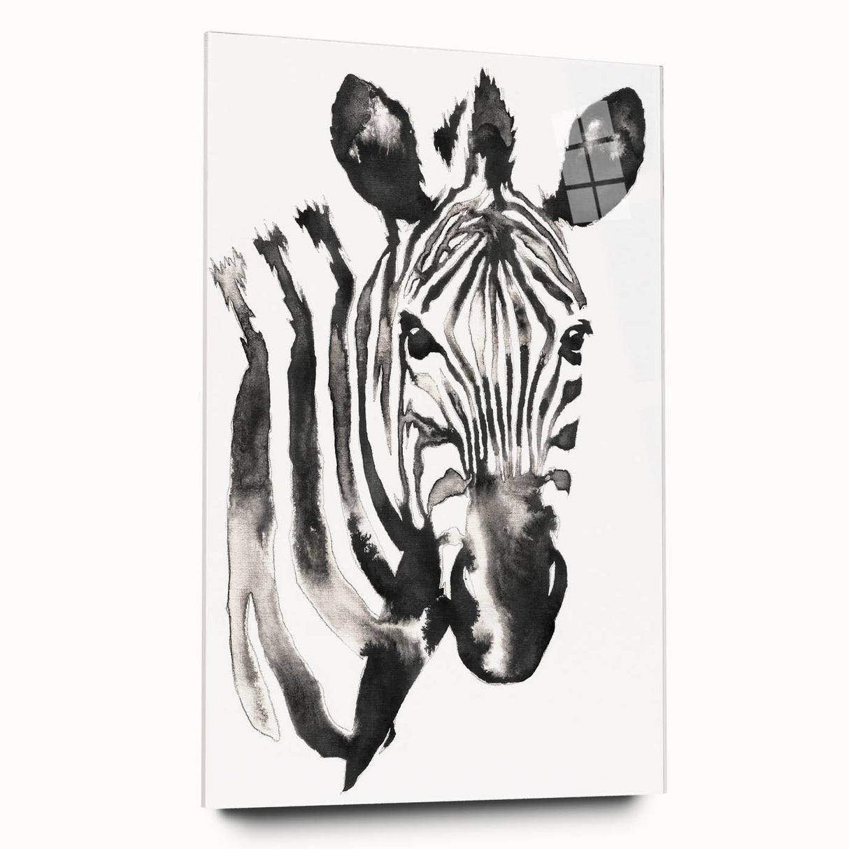 Zebra wall art design displayed in a side view, featuring vibrant black and white stripes on acrylic glass, perfect for modern decor in living spaces.