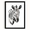 Stylish wall art featuring a striking zebra design in black and white, framed with a matte finish, perfect for modern home decor. Ideal for animal lovers and safari enthusiasts.