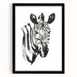 Stylish wall art featuring a striking zebra design in black and white, framed with a matte finish, perfect for modern home decor. Ideal for animal lovers and safari enthusiasts.